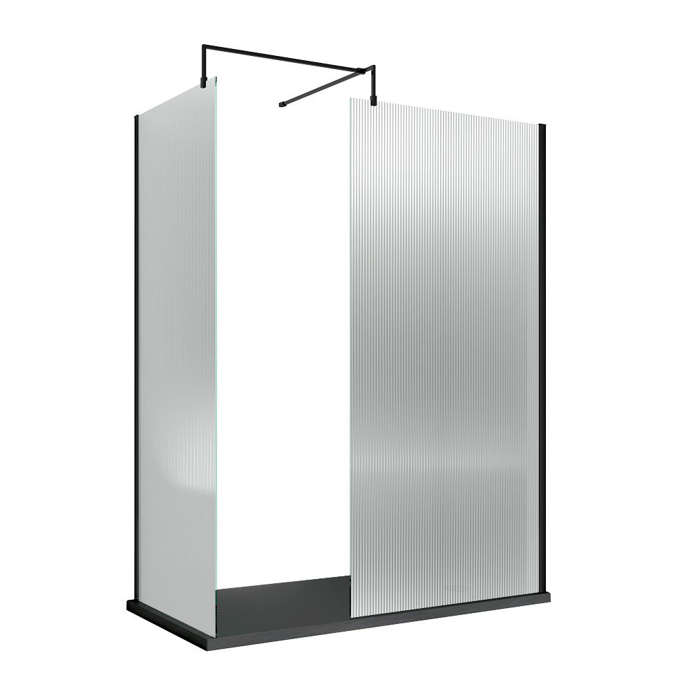Douche italienne d’angle en verre cannelé – Noir – Avec receveur à effet texturé – Choix de tailles et paroi de retour en option