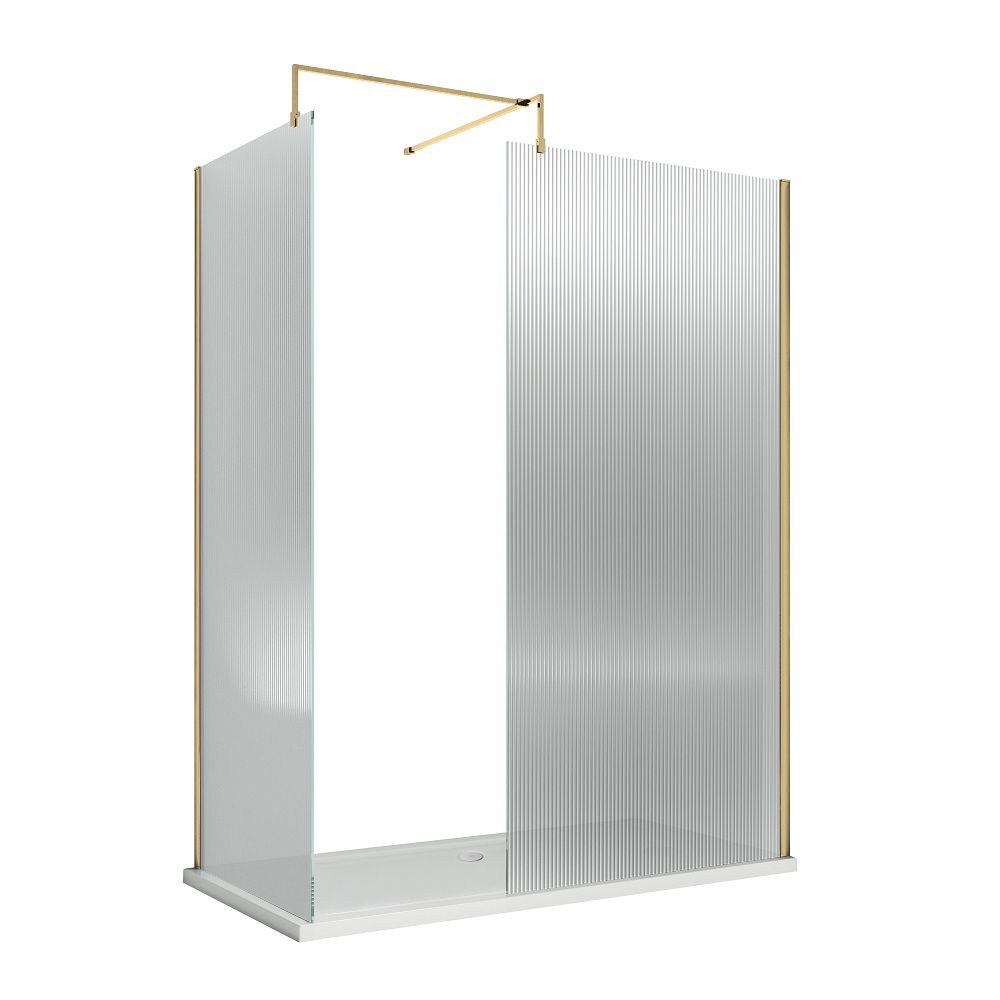 Douche italienne d’angle en verre cannelé – Laiton brossé – Avec receveur – Choix de tailles et paroi de retour en option