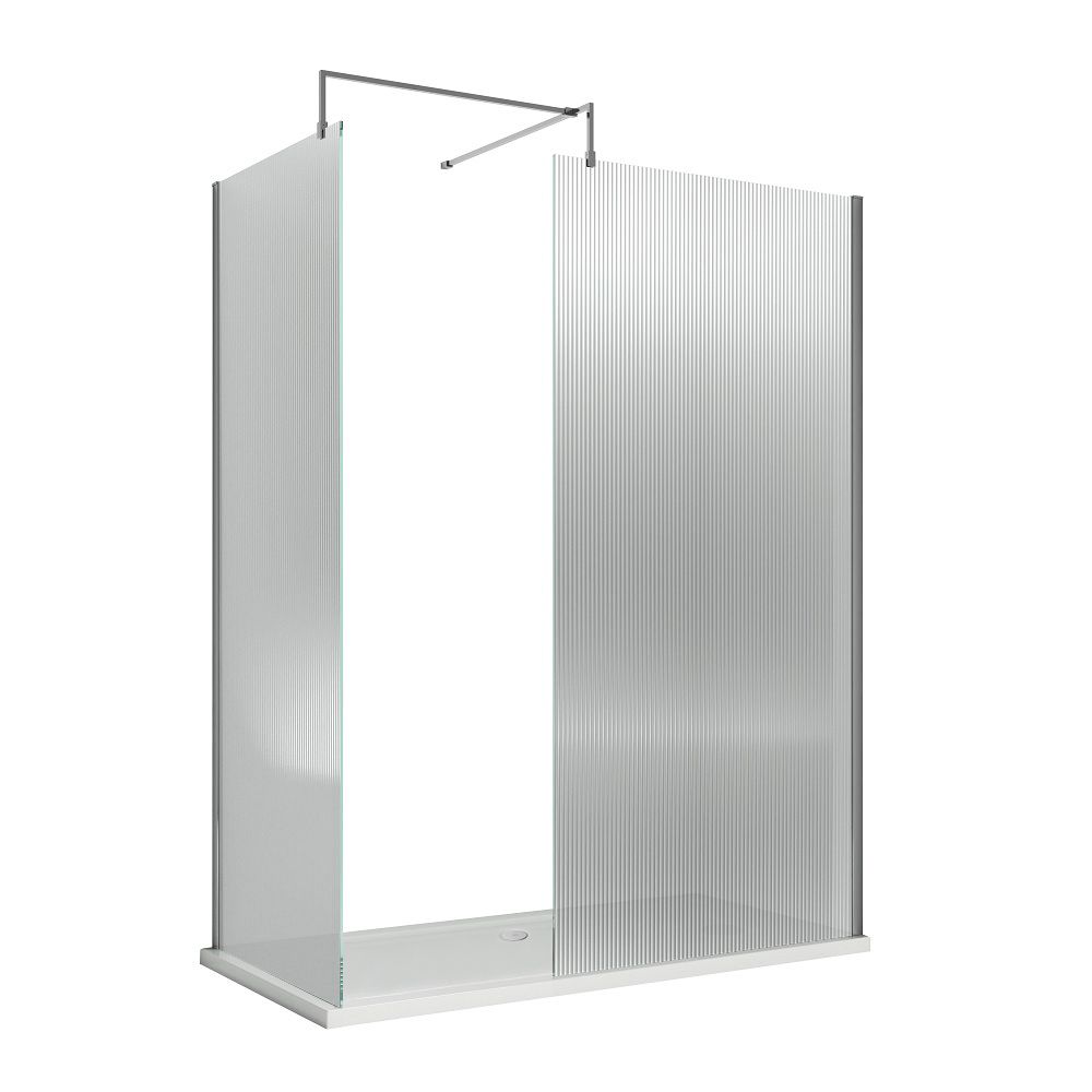 Douche italienne d’angle en verre cannelé – Chromé – Avec receveur – Choix de tailles et paroi de retour en option