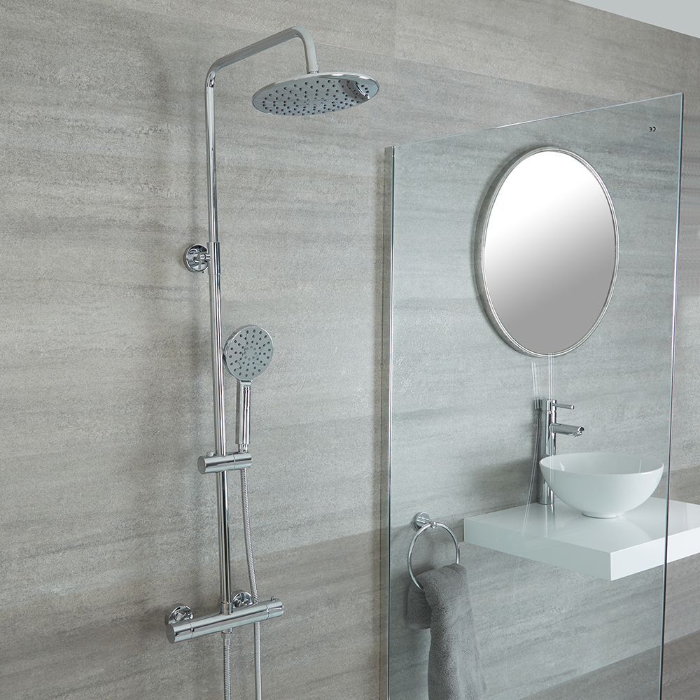 Colonne de douche thermostatique moderne – Avec pommeau rond et douchette – Choix de finitions