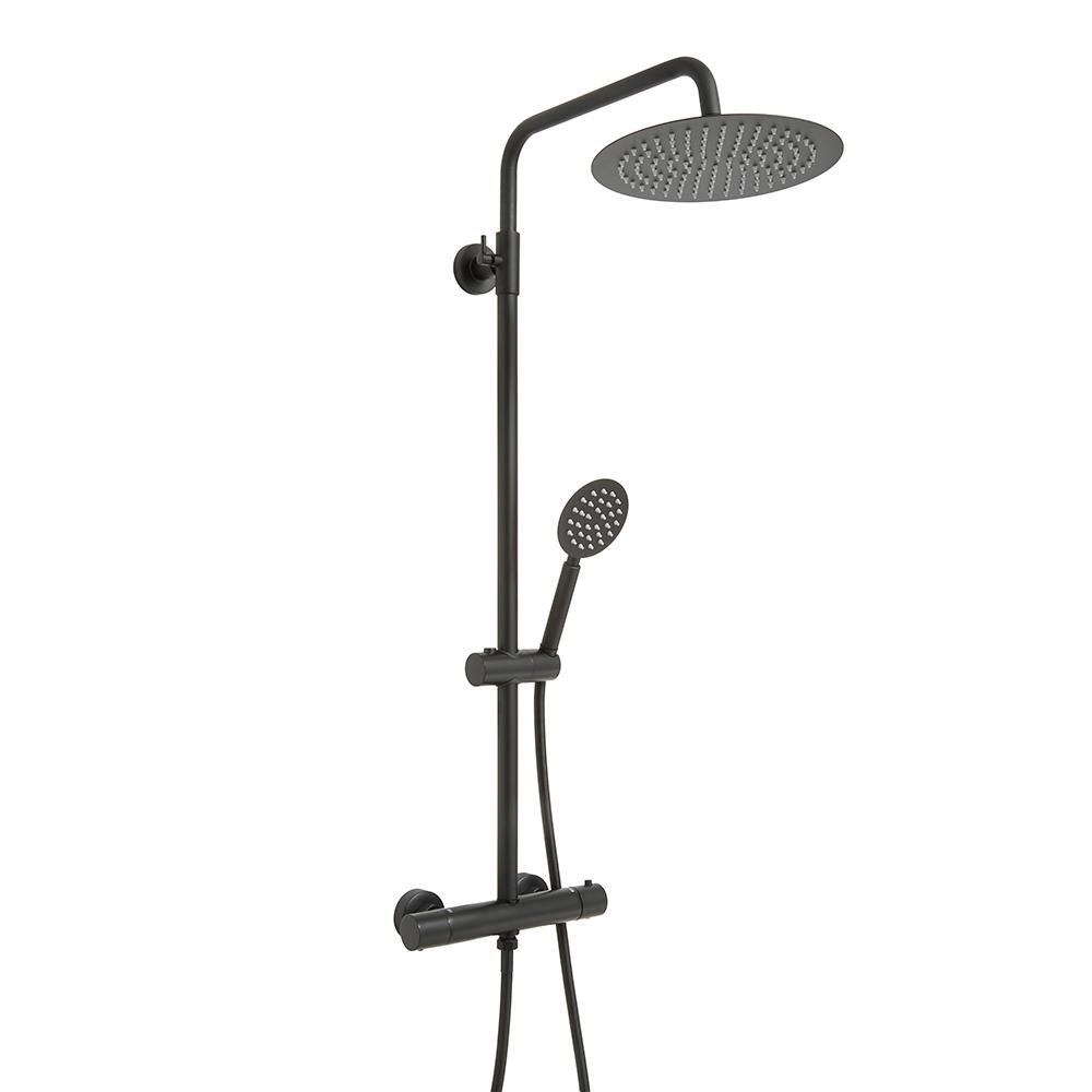 Colonne de douche thermostatique avec mitigeur barre, pommeau rond et douchette – Noir - Nox