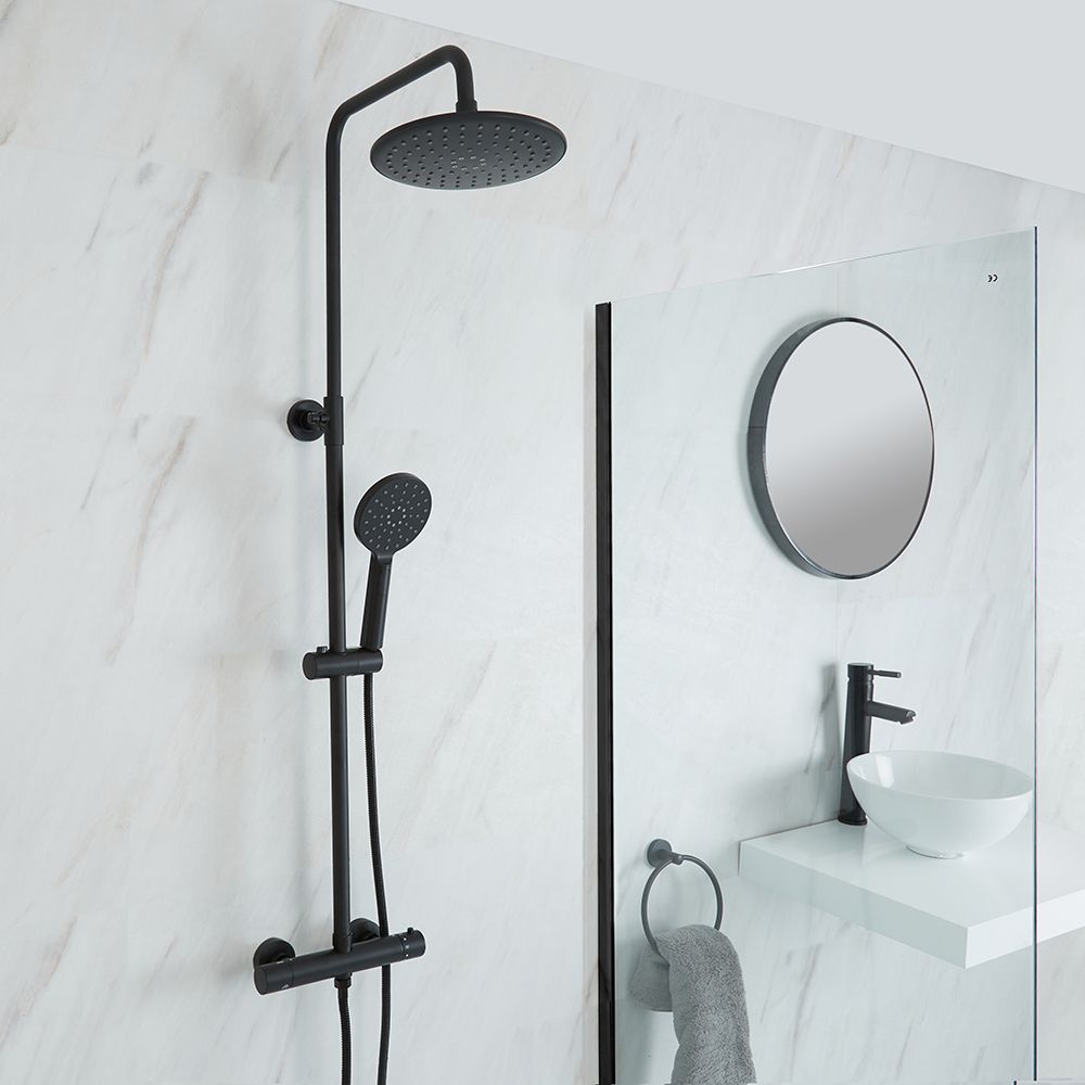 Colonne de douche thermostatique avec mitigeur barre, pommeau rond et douchette – Noir - Nox