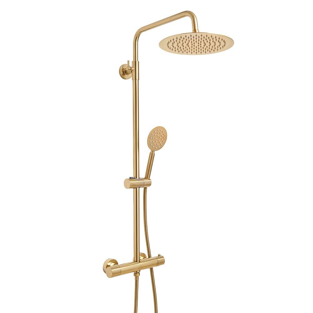 Colonne de douche thermostatique moderne – Avec pommeau rond et douchette – Or satiné – Ayanna