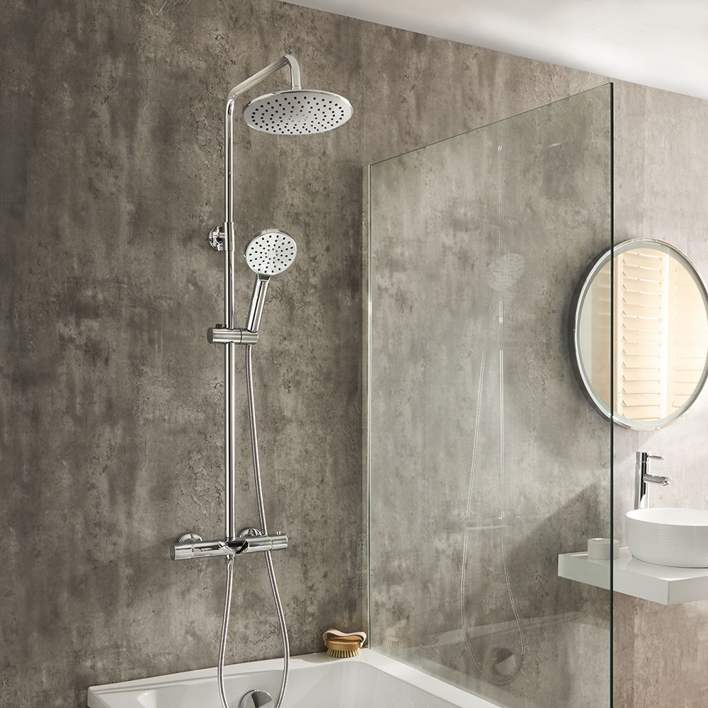 Colonne de douche thermostatique – Avec bec verseur baignoire, pommeau de douche rond et douchette – Choix de finitions – Arlo