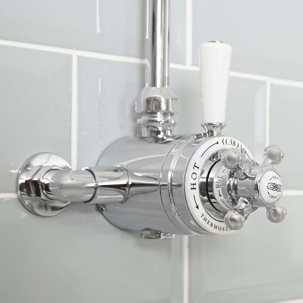 Mitigeur de douche thermostatique exposé à double commandes – Chromé et blanc - Elizabeth