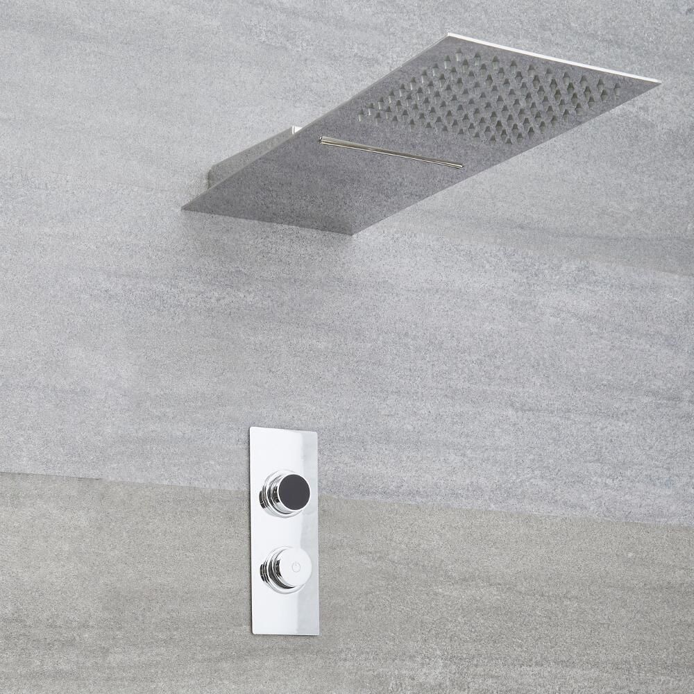 Douche Digitale Thermostatique 2 Fonctions - Pommeau Cascade 20x50cm - Design carré  - Narus