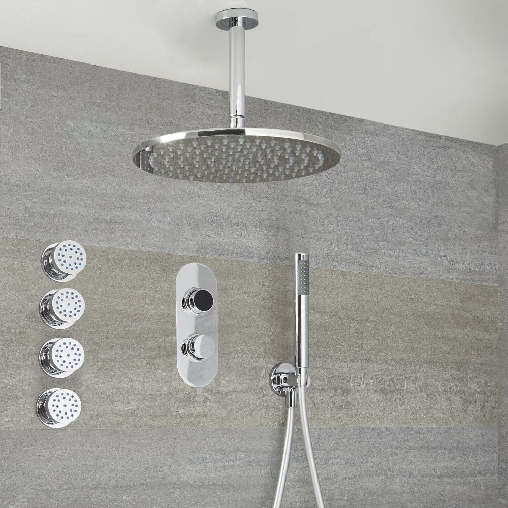 Douche Digitale Thermostatique 3 Fonctions - Pommeau Douche Plafond Ø 30cm sur Bras 20 cm - Douchette & 4 Jets Hydromassants - Narus