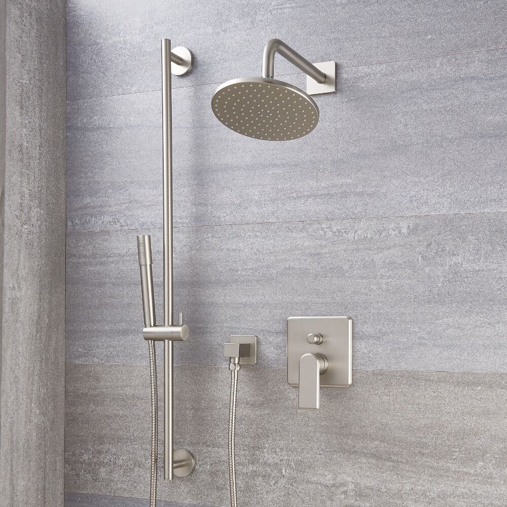 Kit de douche - Mitigeur avec inverseur, pommeau de douche et kit douchette sur rampe – 2 fonctions – Nickel brossé - Aldwick