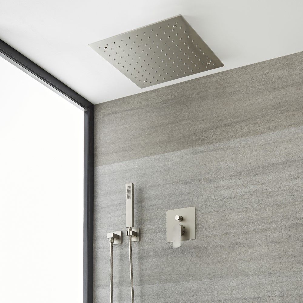 Kit de douche avec pommeau encastrable et kit douchette – 2 fonctions – Nickel brossé - Harting