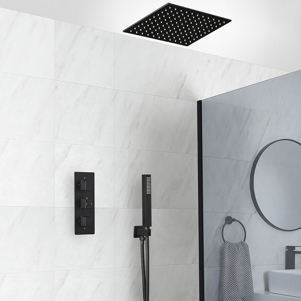 Kit de douche thermostatique avec pommeau encastrable et kit douchette – Noir mat – 2 fonctions – Preto