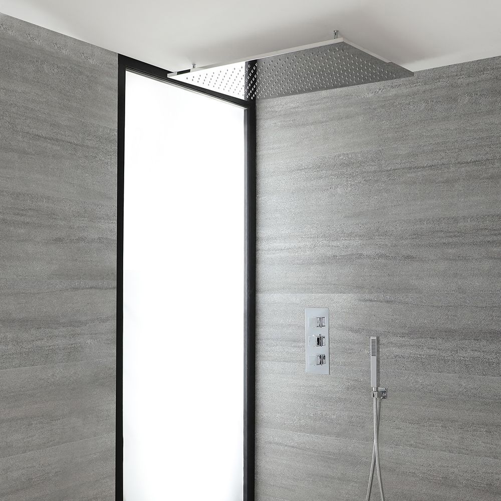 Kit de douche thermostatique – Douchette et pommeau de douche encastrable – 2 fonctions – Chromé – Kubix