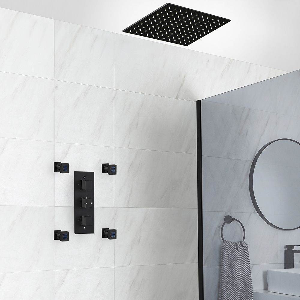 Kit de douche thermostatique avec pommeau encastrable et buses hydromassantes – Noir mat – 2 fonctions – Preto