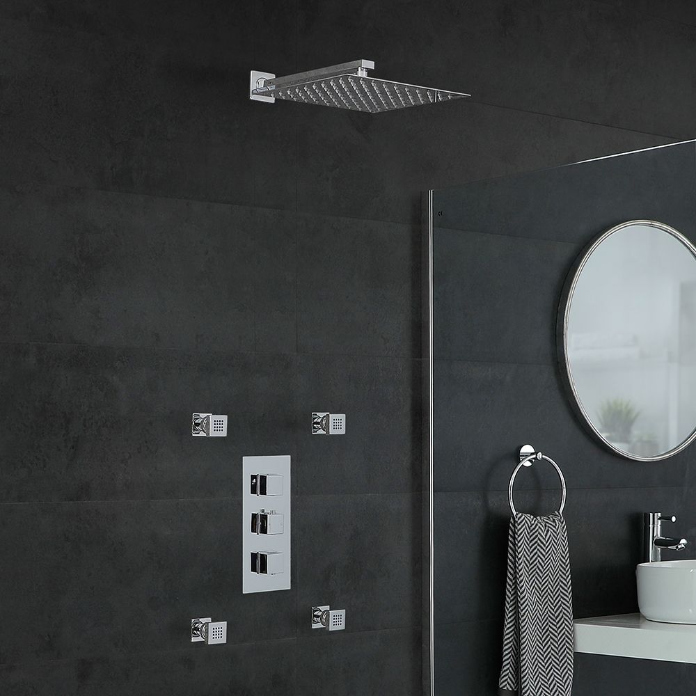 Kit de douche thermostatique – Pommeau carré 30 cm - Buses hydromassantes – Chromé - Kubix