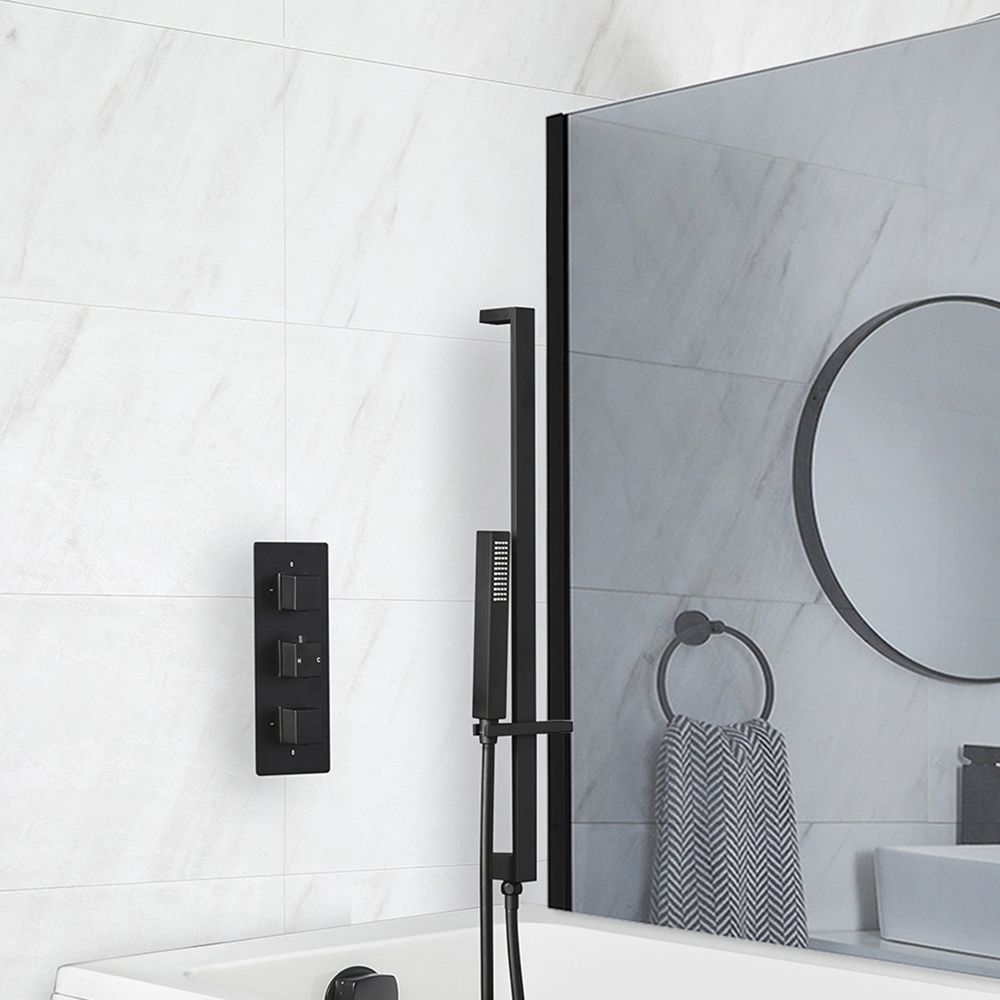 Kit bain douche thermostatique avec vidage remplissage baignoire et kit douchette sur rampe – Noir mat – 2 fonctions – Preto