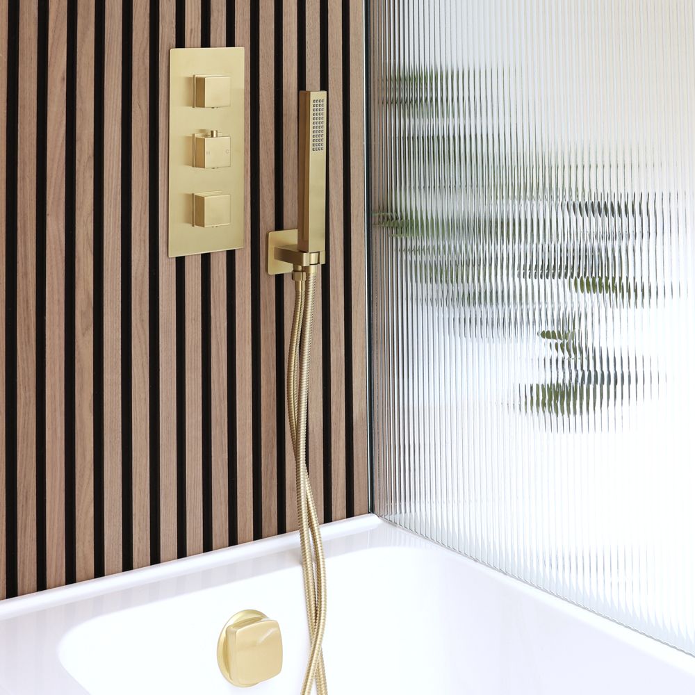 Mitigeur de douche thermostatique avec vidage-remplissage baignoire et douchette  - 2 fonctions – Or satiné - Lyra