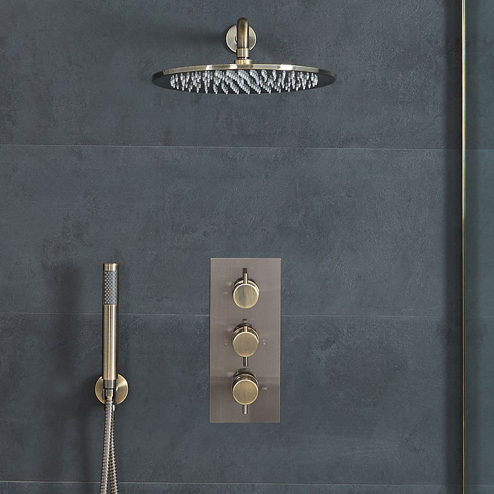 Kit de douche thermostatique encastré avec pommeau et douchette – Laiton brossé - Clarus