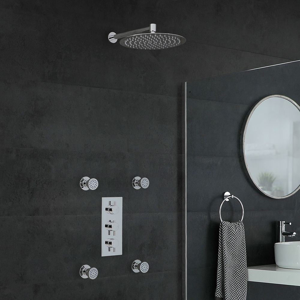 Kit de douche thermostatique – Pommeau rond Ø 30 cm – Buses hydromassantes – Chromé - Como