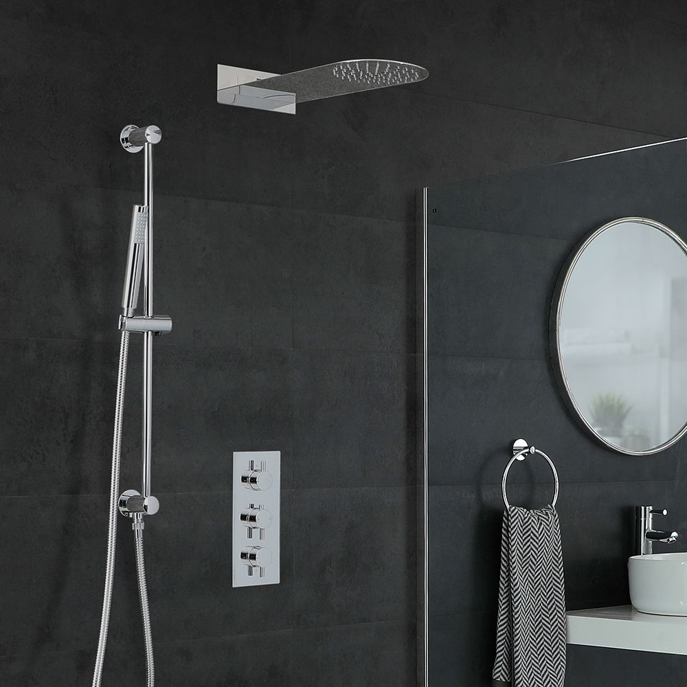 Kit de douche thermostatique – Pommeau plat fixe – Kit douchette sur rampe – Chromé - Como