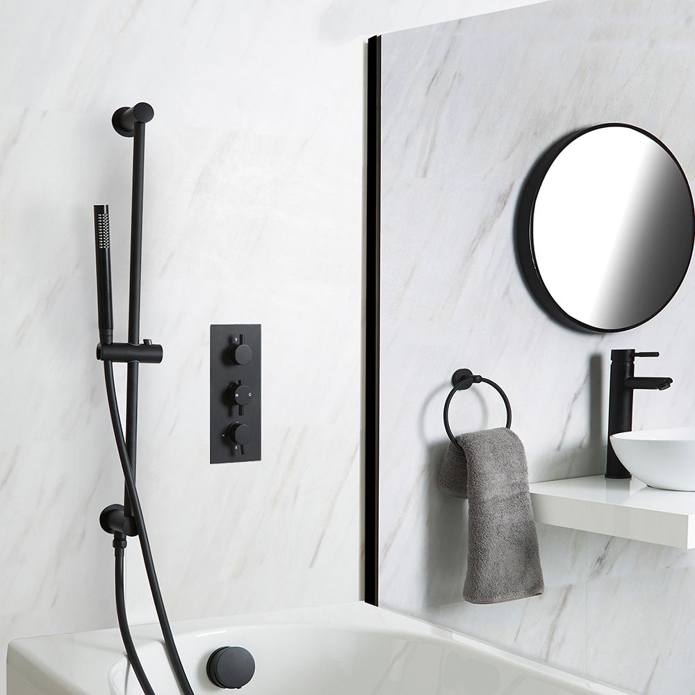 Kit de douche thermostatique avec mitigeur, kit vidage-remplissage et kit douchette sur rampe – Noir – Nox