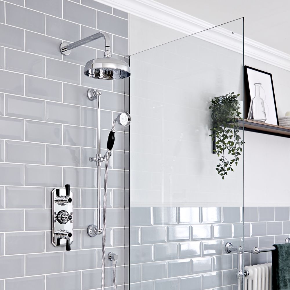 Kit de douche thermostatique à 2 fonctions - Pommeau de douche Ø20 cm et kit douchette sur rampe – Chromé et noir - Elizabeth