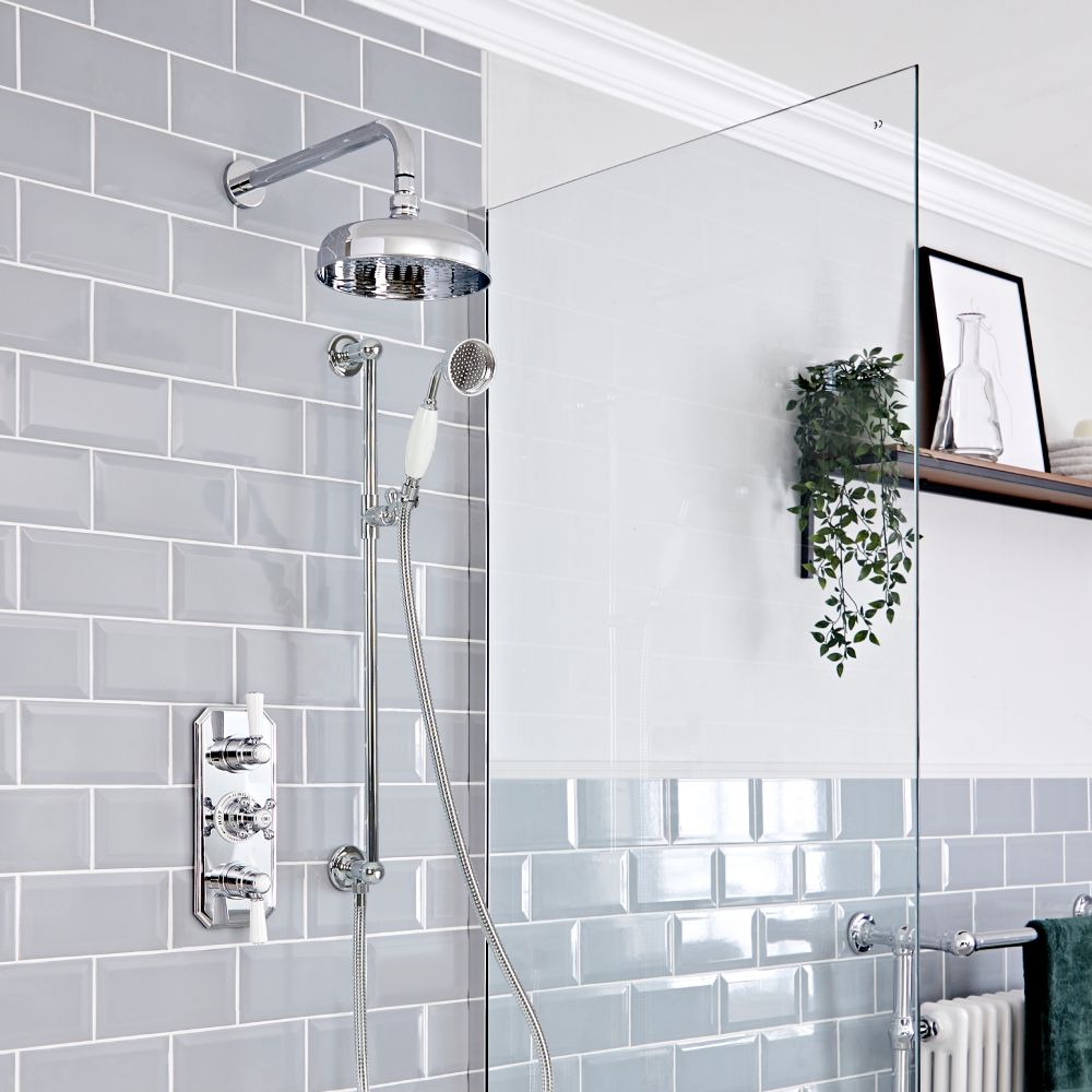 Kit de douche thermostatique 2 fonctions - Pommeau de douche Ø 20 cm - Kit douchette sur rampe – Chromé et blanc - Elizabeth