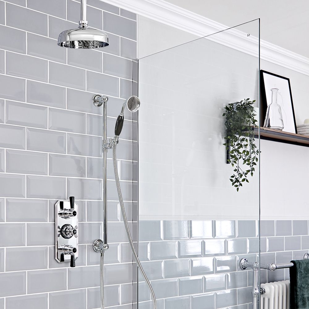 Kit de douche thermostatique à 2 fonctions - Pommeau de douche Ø20 cm, bras plafonnier et kit douchette sur rampe – Chromé et noir - Elizabeth