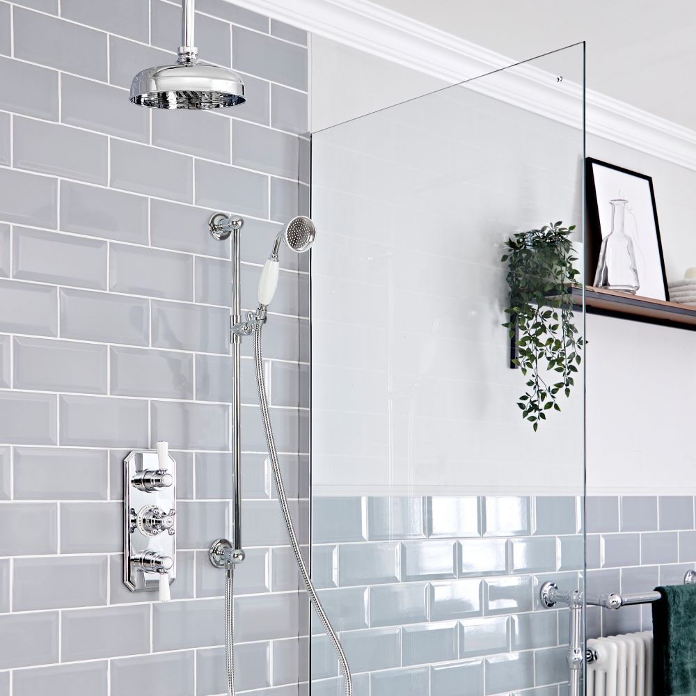 Kit de douche thermostatique à 2 fonctions - Pommeau de douche Ø20 cm, bras plafonnier et kit douchette sur rampe – Chromé et blanc - Elizabeth