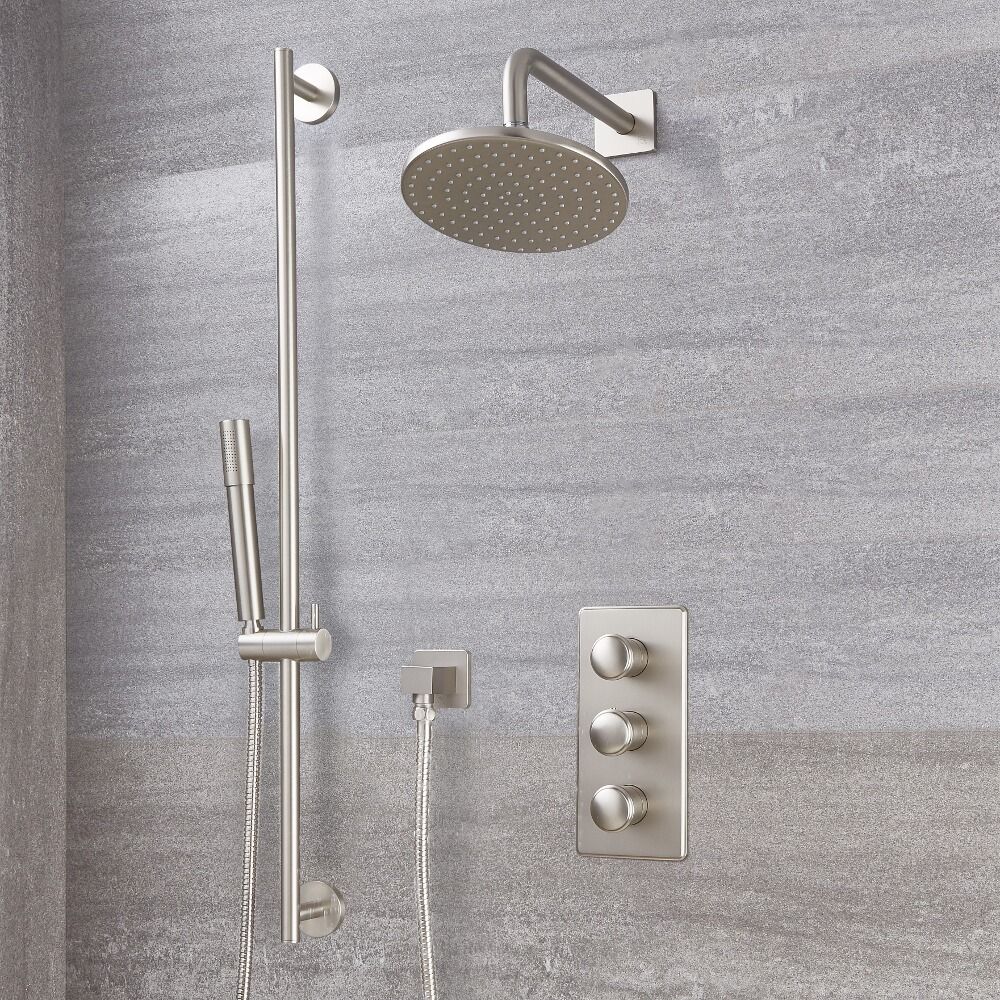 Mitigeur Thermostatique - Pommeau Ø 18,8 cm & Kit Douchette - Nickel Brossé - Aldwick