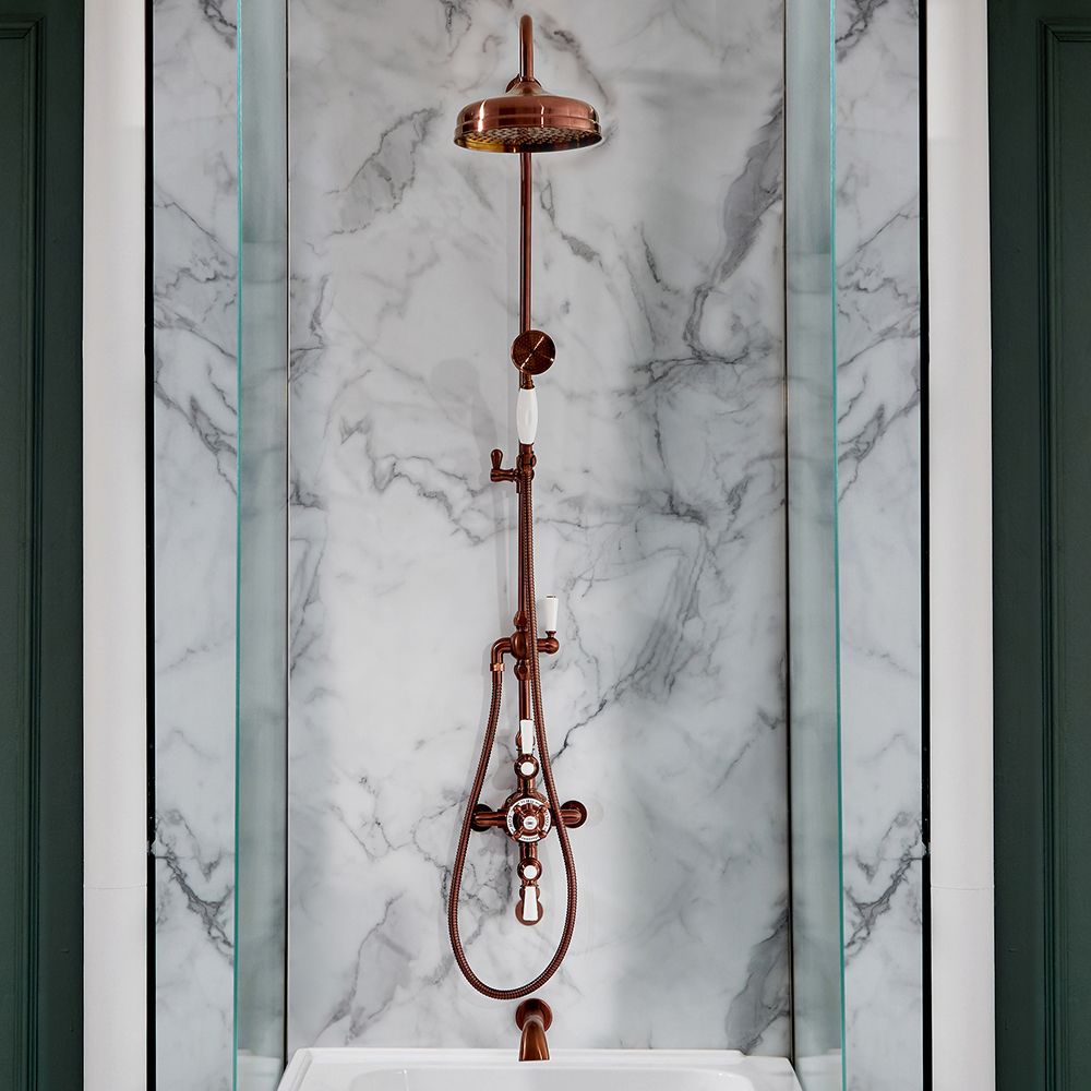 Colonne de douche rétro à mitigeur exposé – 3 Fonctions – Bec verseur, pommeau et douchette – Cuivre satiné – Elizabeth