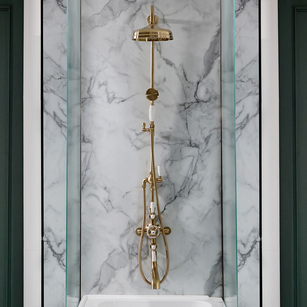 Colonne de douche rétro – 3 fonctions – Avec mitigeur thermostatique exposé, bec verseur, pommeau & douchette – Or satiné – Elizabeth