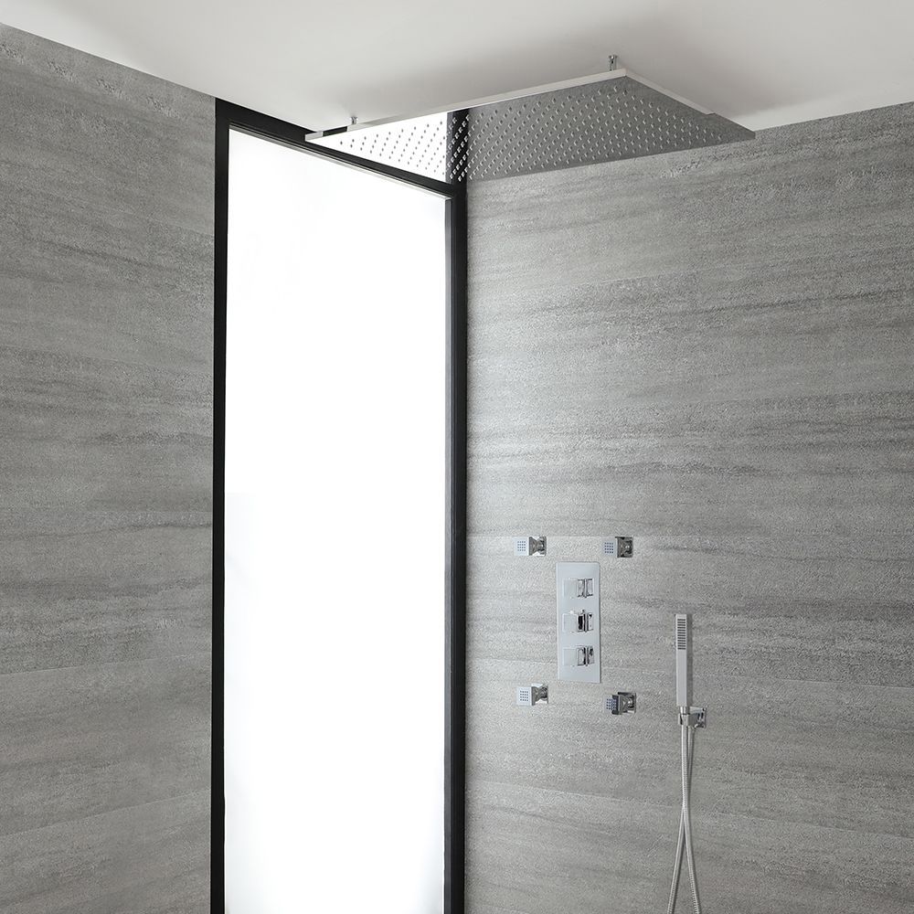 Kit de douche thermostatique avec mitigeur avec inverseur, pommeau, douchette et buses hydromassantes – 3 fonctions - Kubix