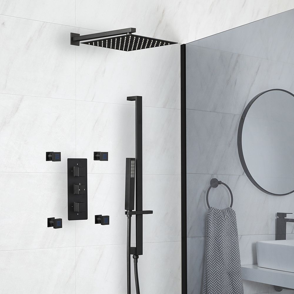 Kit de douche thermostatique avec inverseur, pommeau de douche, kit douchette sur rampe et buses hydromassantes – Noir mat – 3 fonctions – Preto