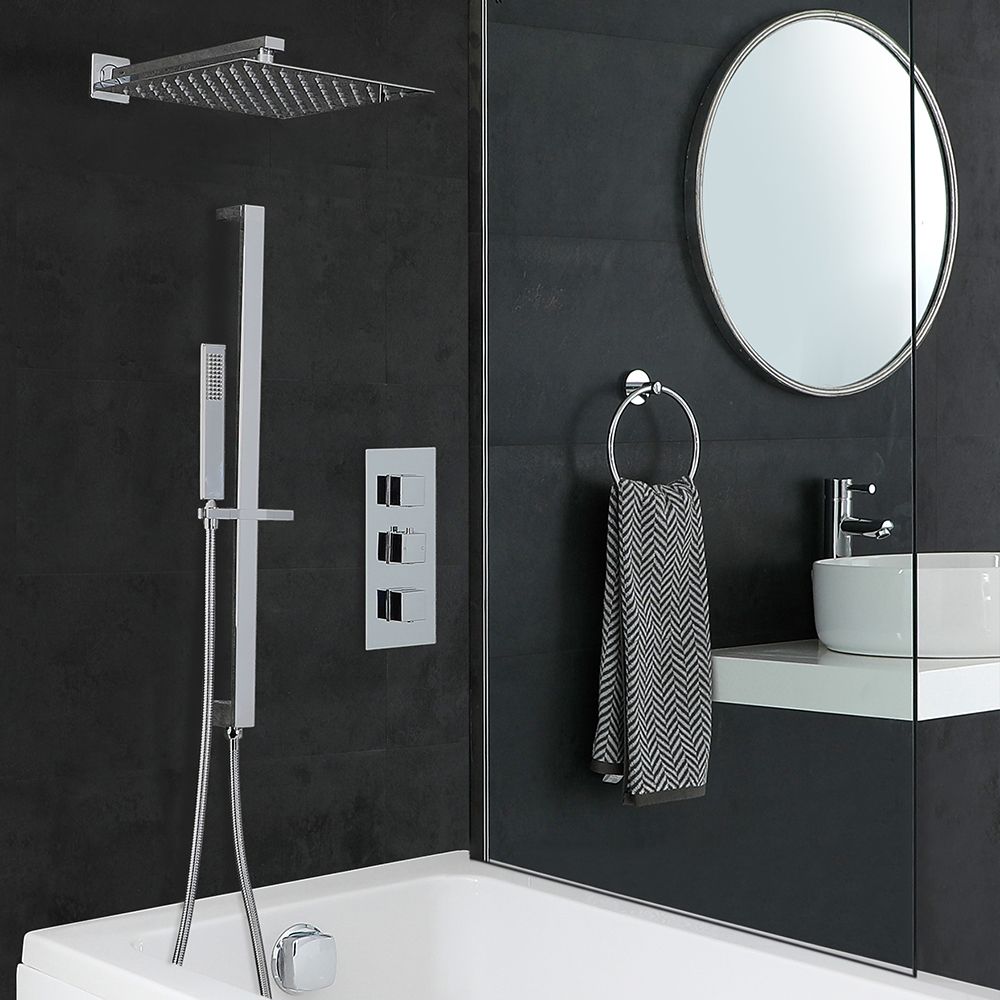 Kit de douche thermostatique avec inverseur – Pommeau de 30 cm – Kit douchette sur rampe – Remplissage et vidage baignoire – Chromé - Kubix