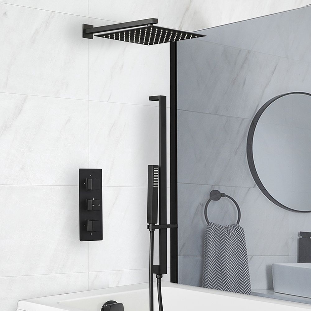 Kit bain douche thermostatique avec inverseur, pommeau de douche, kit douchette sur rampe et vidage remplissage baignoire – Noir mat – 3 fonctions – Preto