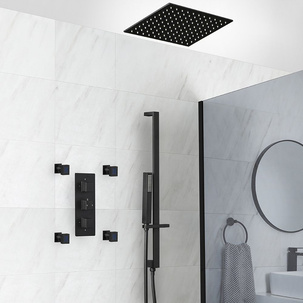 Kit de douche thermostatique avec inverseur, pommeau encastrable, kit douchette sur rampe et buses hydromassantes – Noir mat – 3 fonctions – Preto