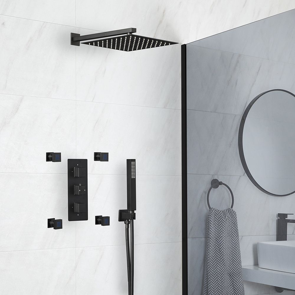 Kit de douche thermostatique avec inverseur, pommeau de douche, kit douchette et buses hydromassantes – Noir mat – 3 fonctions – Preto