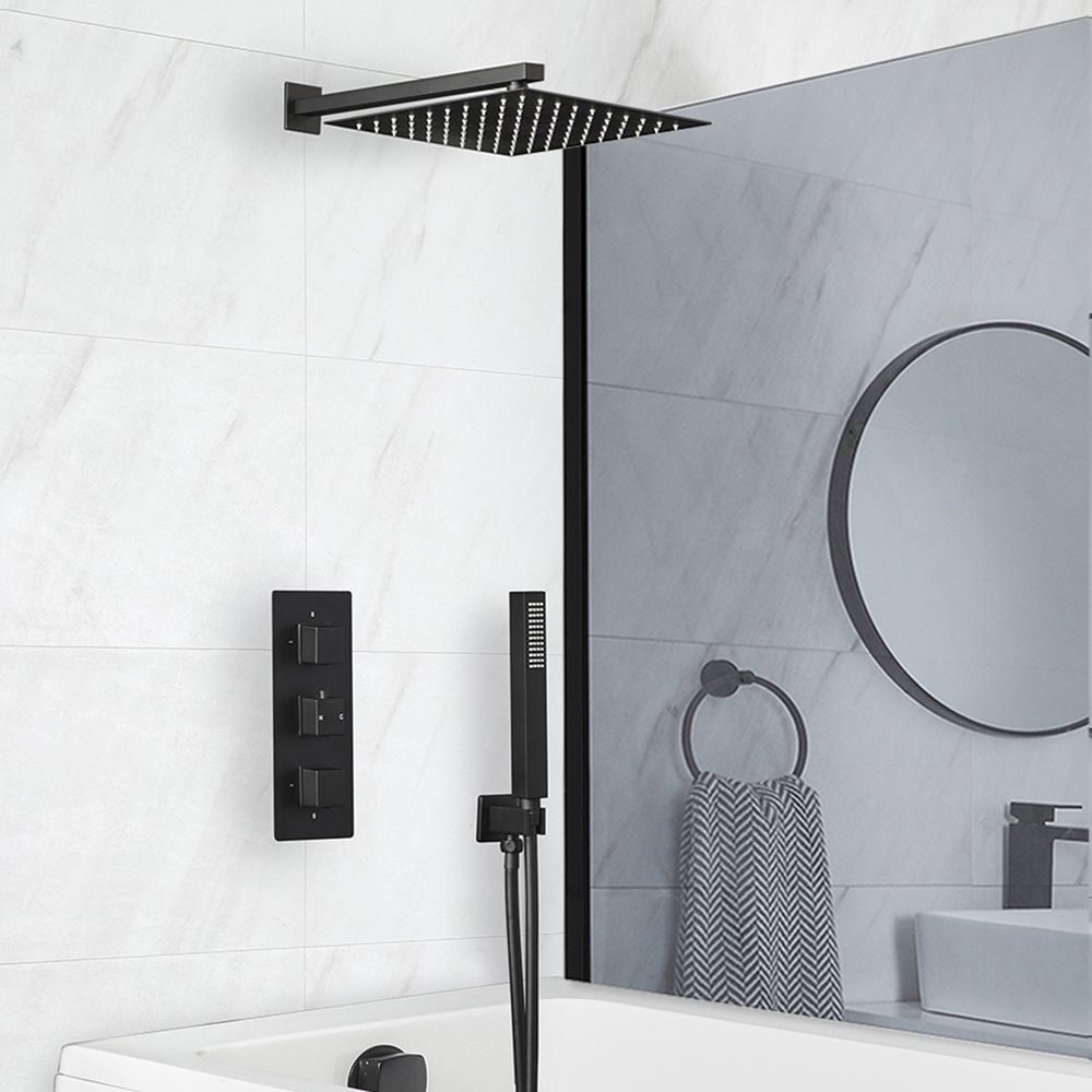 Kit bain douche thermostatique avec inverseur, pommeau de douche, kit douchette et vidage remplissage baignoire – Noir mat – 3 fonctions – Preto