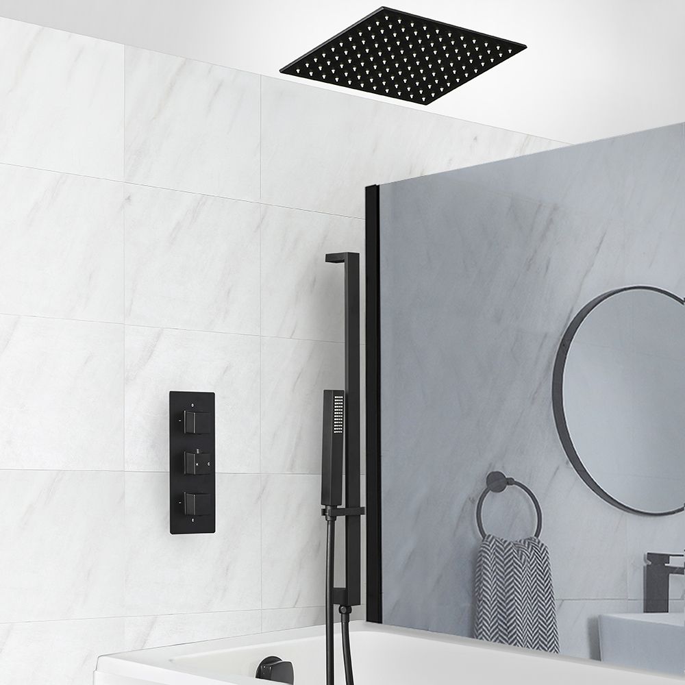 Kit bain douche thermostatique avec inverseur, pommeau encastrable, kit douchette sur rampe et vidage remplissage baignoire – Noir mat – 3 fonctions – Preto