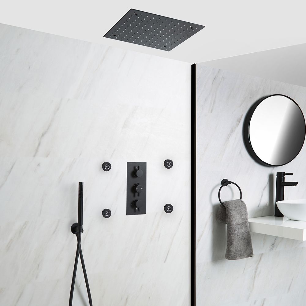 Kit de douche thermostatique avec mitigeur avec inverseur, pommeau encastré, douchette et buses hydromassantes – 3 fonctions – Noir – Nox