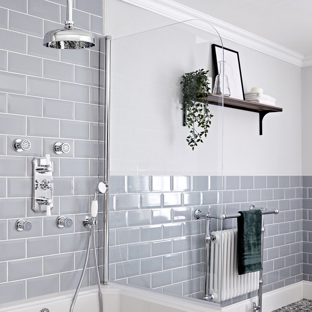 Kit de douche thermostatique à 3 fonctions avec inverseur - Pommeau de douche Ø 20 cm, kit douchette et buses hydromassantes – Chromé et blanc - Elizabeth