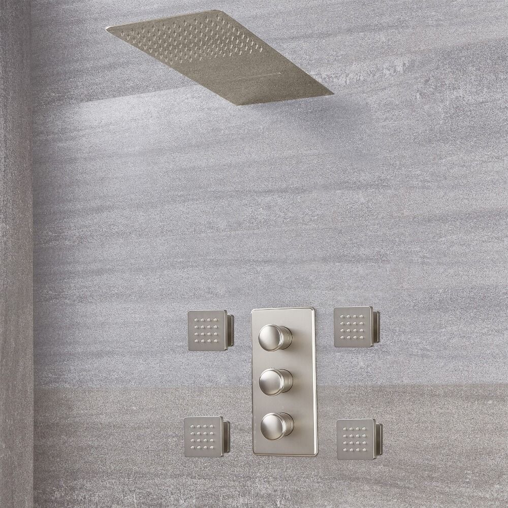 Mitigeur Thermostatique Douche - Pommeau Cascade & Buses Hydromassantes - Nickel Brossé - Aldwick