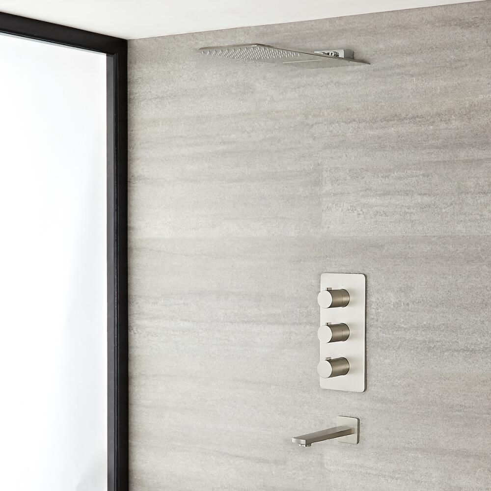 Kit de douche thermostatique – Avec mitigeur, pommeau et bec verseur – 2 fonctions – Nickel brossé – Harting