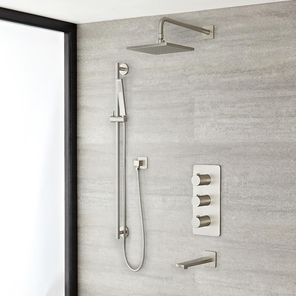 Mitigeur Thermostatique Douche - Pommeau 20 x 20 cm - Kit douchette & Bec verseur - Nickel brossé - Harting