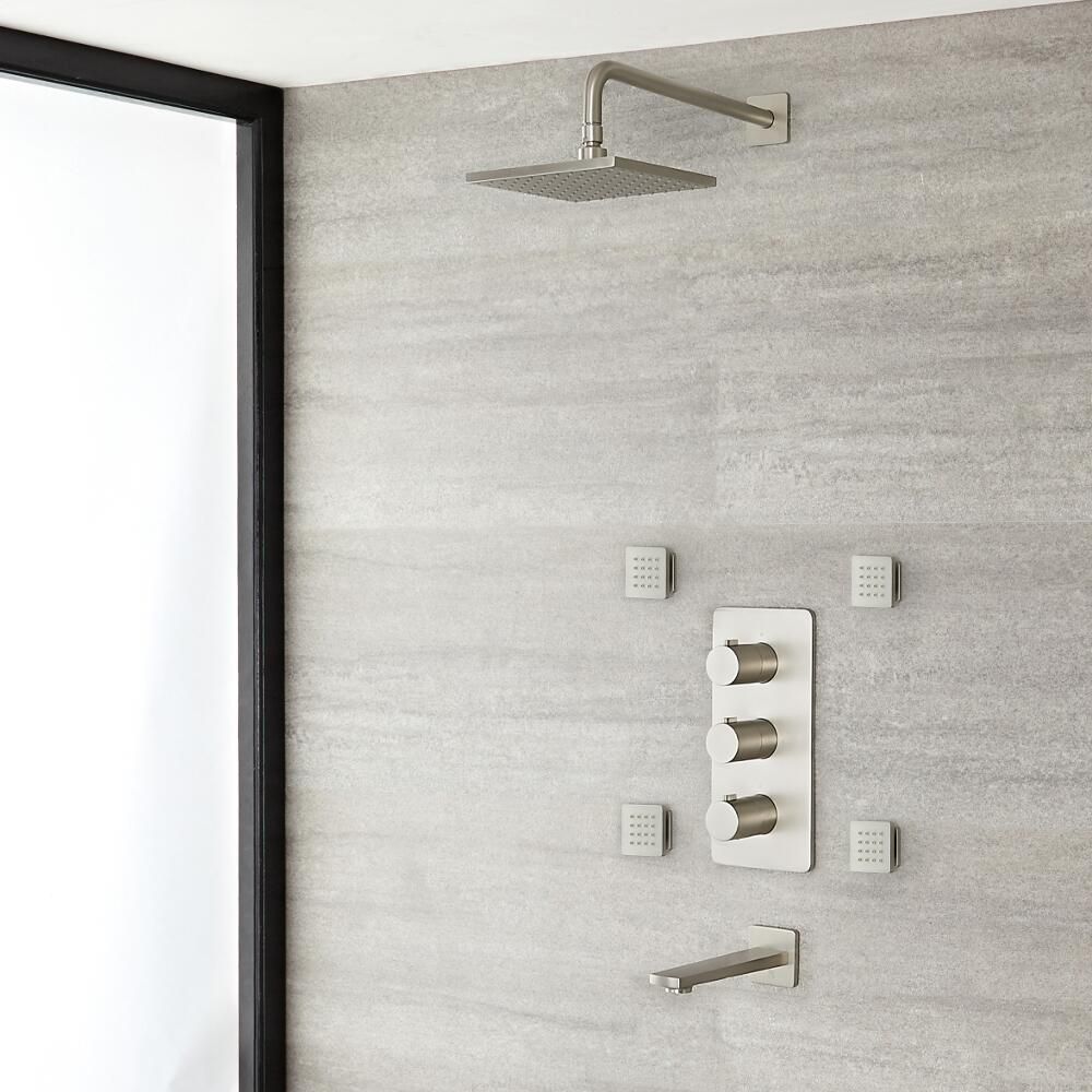 Mitigeur Thermostatique - Pommeau 20 x 20 cm - Buses hydromassantes & Bec verseur baignoire - Nickel brossé - Harting