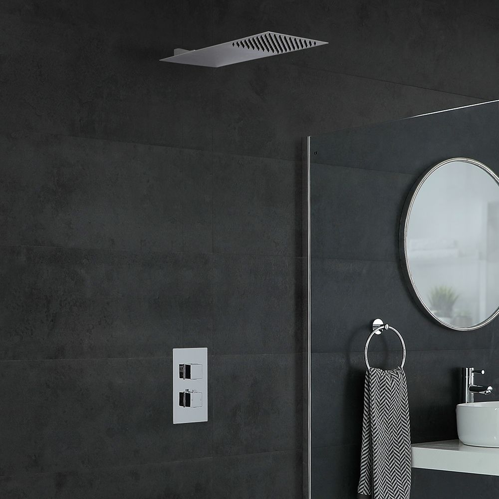 Kit de douche thermostatique – Pommeau plat fixe – Chromé - Kubix