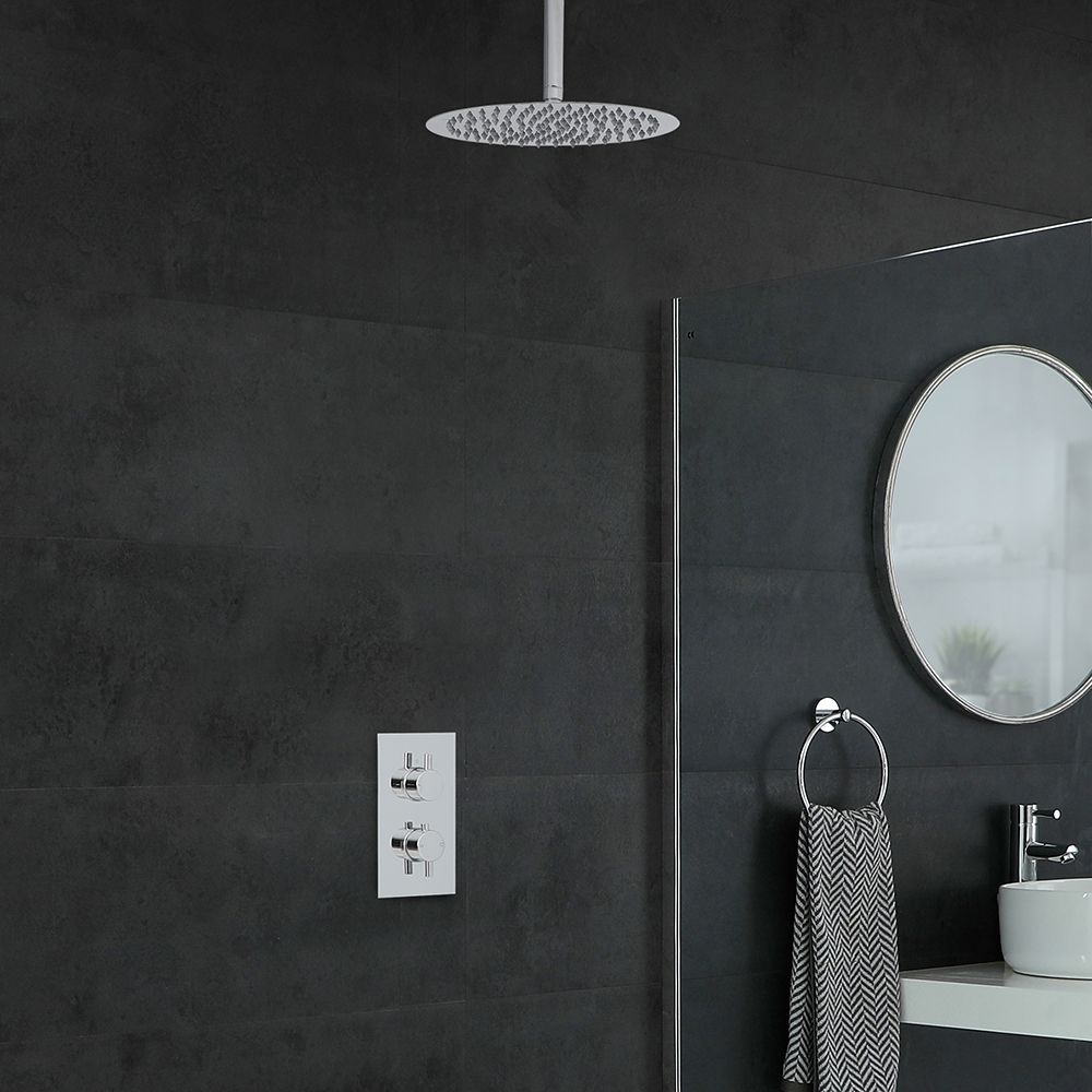 Kit de Douche Thermostatique Encastrable à Pommeau Ø 30cm Design Minimaliste Rond
