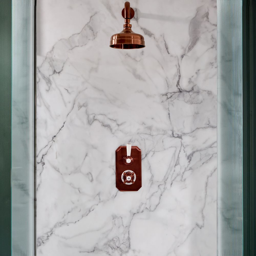 Kit de douche thermostatique rétro – 1 fonction - Pommeau rond Ø 15,5 cm et bras mural – Cuivre satiné – Elizabeth