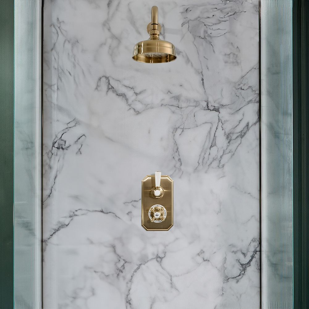 Kit de douche thermostatique rétro – 1 fonction - Pommeau rond Ø 15.5 cm et bras mural – Or satiné – Elizabeth