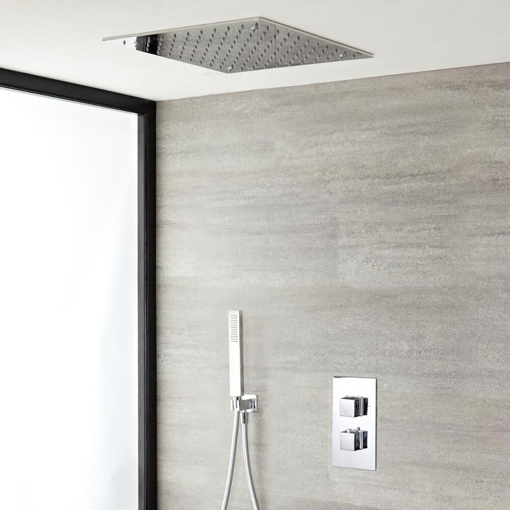 Kit de douche thermostatique avec inverseur, douchette et pommeau de douche encastrable – 2 fonctions – Chromé – Kubix