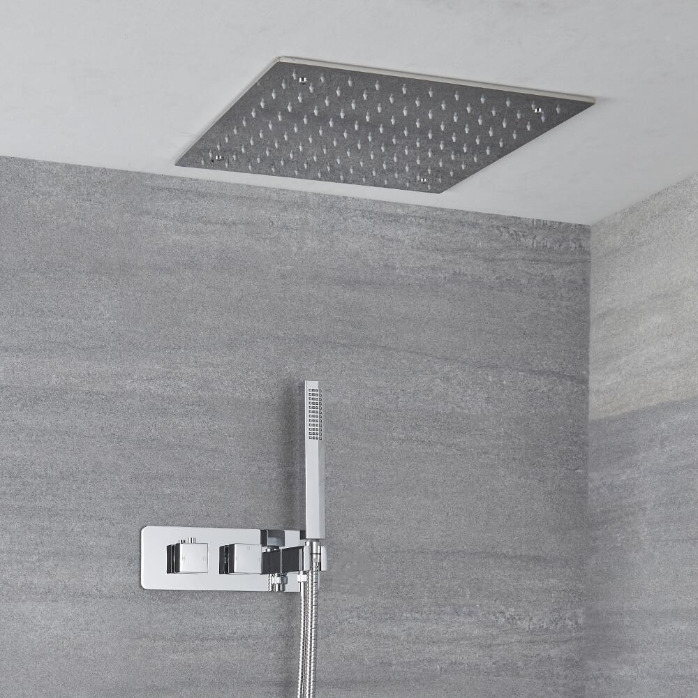 Kit de douche encastrable - Pommeau plafonnier 40 x 40 cm & douchette sur clip - Kubix
